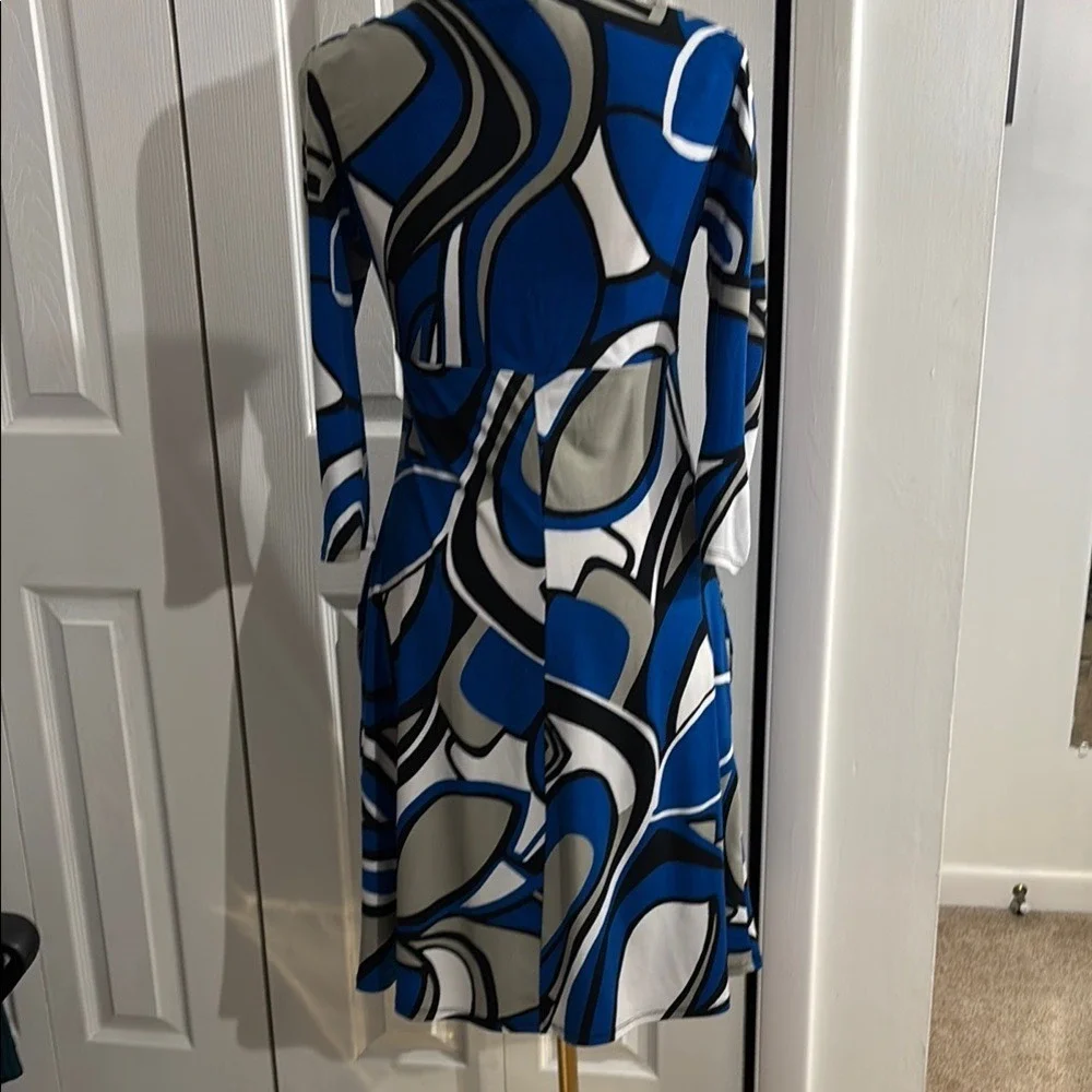 Bisou Bisou Blue Abstract Swirl Midi Dress Size 6 Stretch 3/4 Sleeve